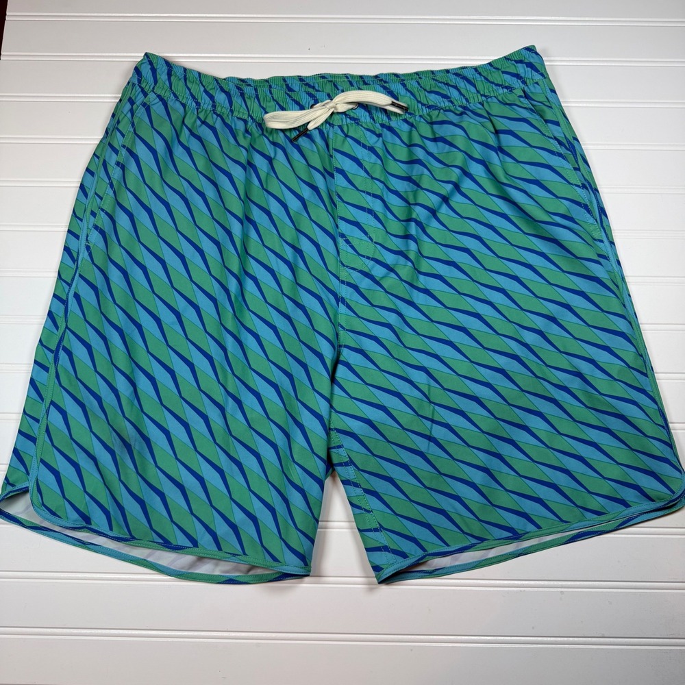 Fair Harbor Anchor Swim‎ Trunks Mens XXL Blue Green Geometric BreezeKnit Flawed